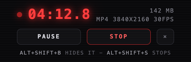 The floating recorder bar: a red LED clock reading 04:12.8, 142 MB, MP4 3840x2160 30fps, with pause and stop